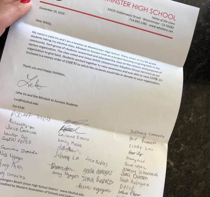 Westminster High School Letter Donations for WAGS